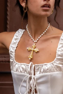 Online Santina Pearl and Gold Statement Cross Necklace Golden Hour Bachelorette|Western Bachelorette