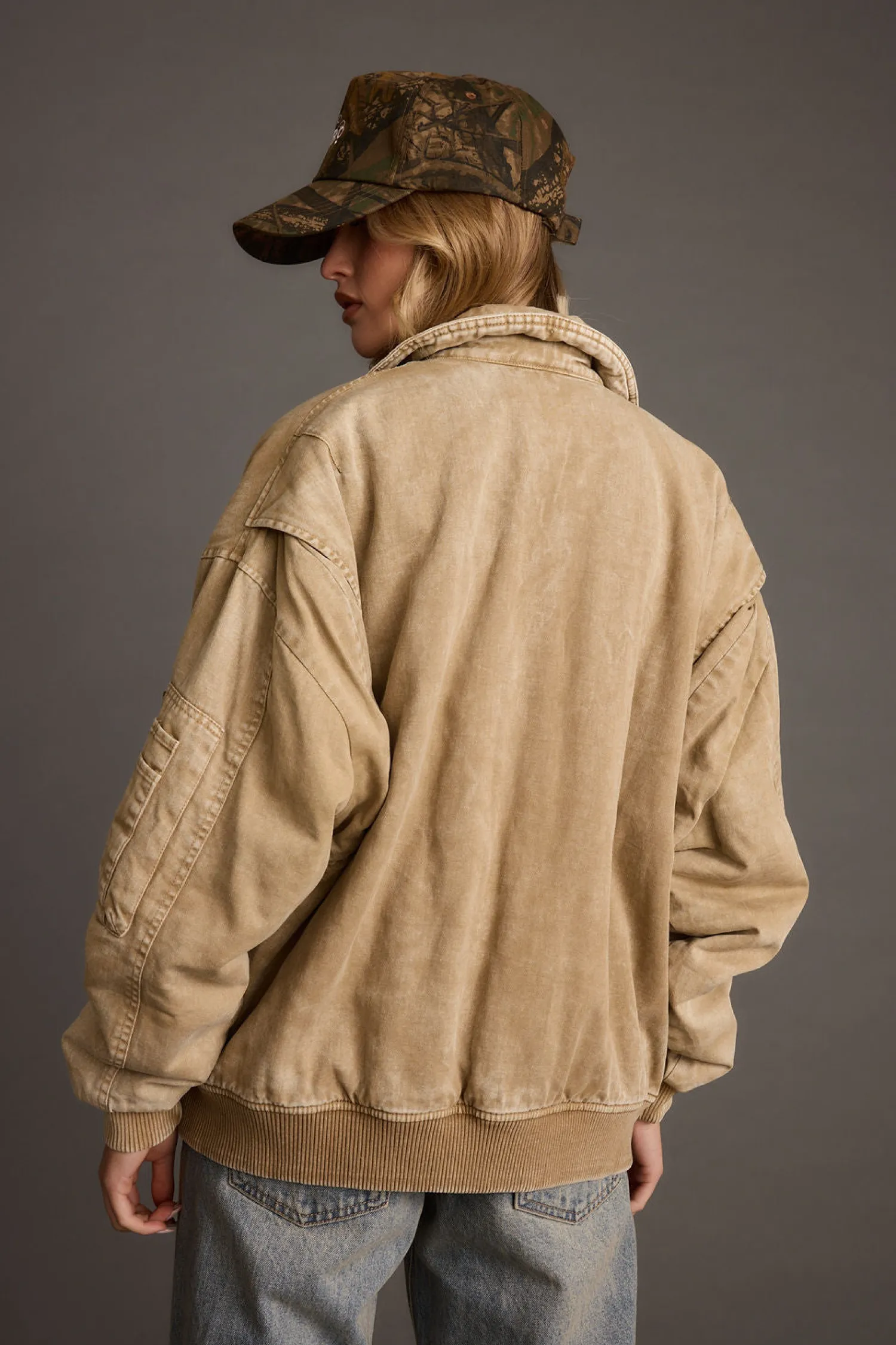 Outlet Sawyer Washed Tan Oversized Bomber Jacket Long Sleeves|For You And Your Bestie