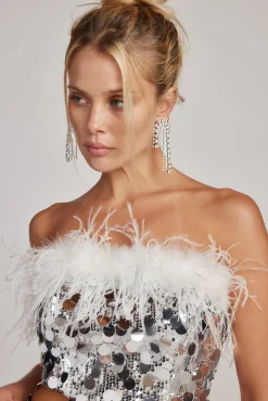 Clearance Sella Silver Sequin & Feather Trim Tube Top Going Out Tops|Tees + Tanks