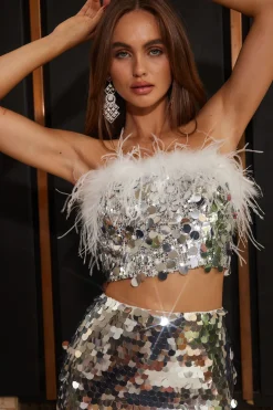 Clearance Sella Silver Sequin & Feather Trim Tube Top Going Out Tops|Tees + Tanks