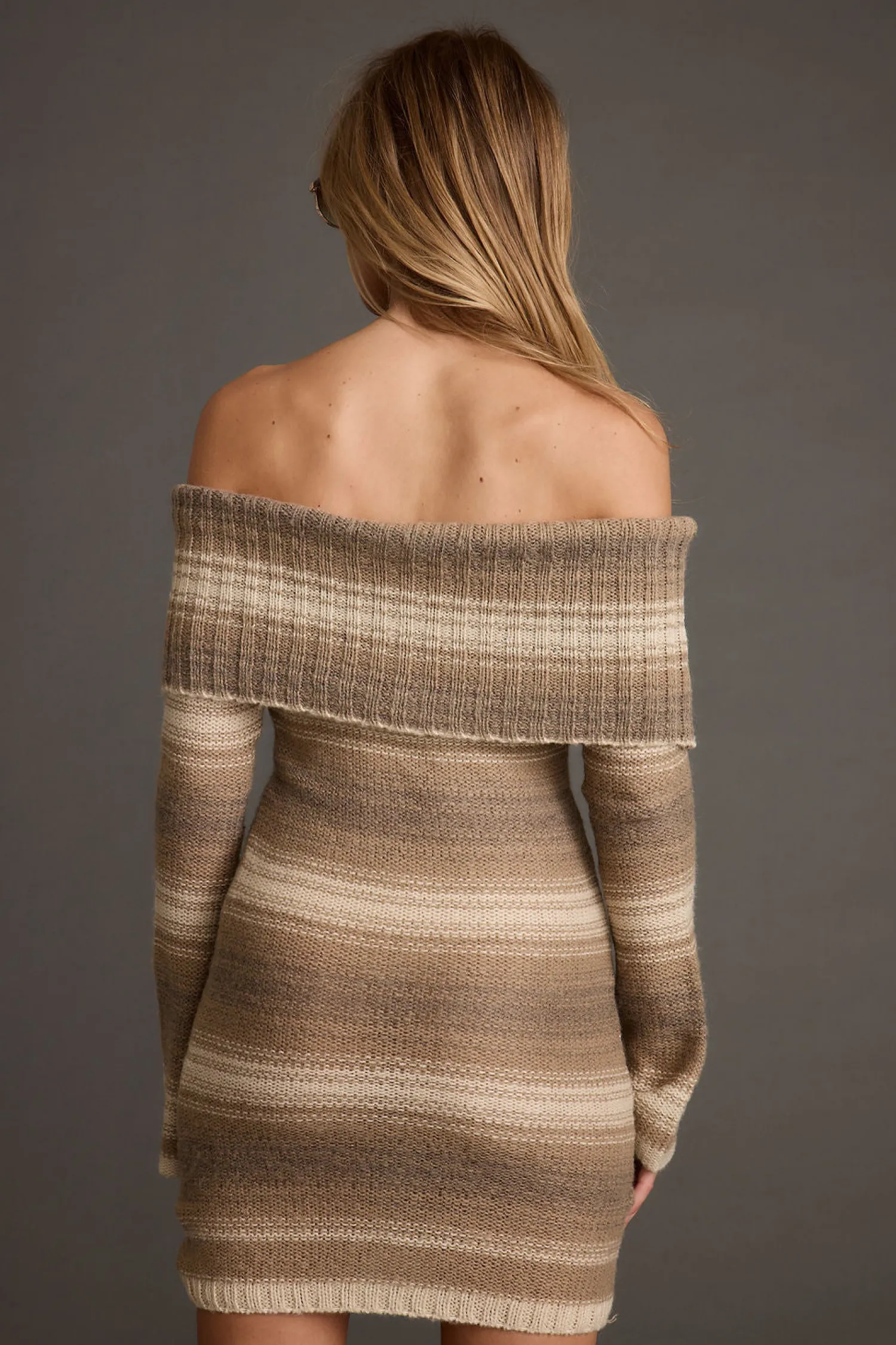 Outlet Siena Brown Striped Off the Shoulder Sweater Dress Date Night Dresses|Day Dresses