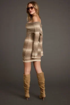 Outlet Siena Brown Striped Off the Shoulder Sweater Dress Date Night Dresses|Day Dresses