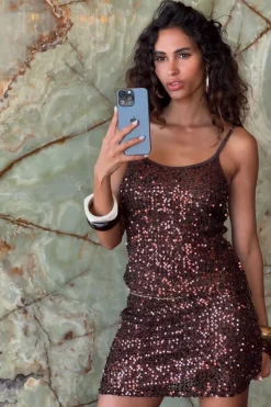 New Solea Mocha Sequin Tank Date Night Tops|Going Out Tops