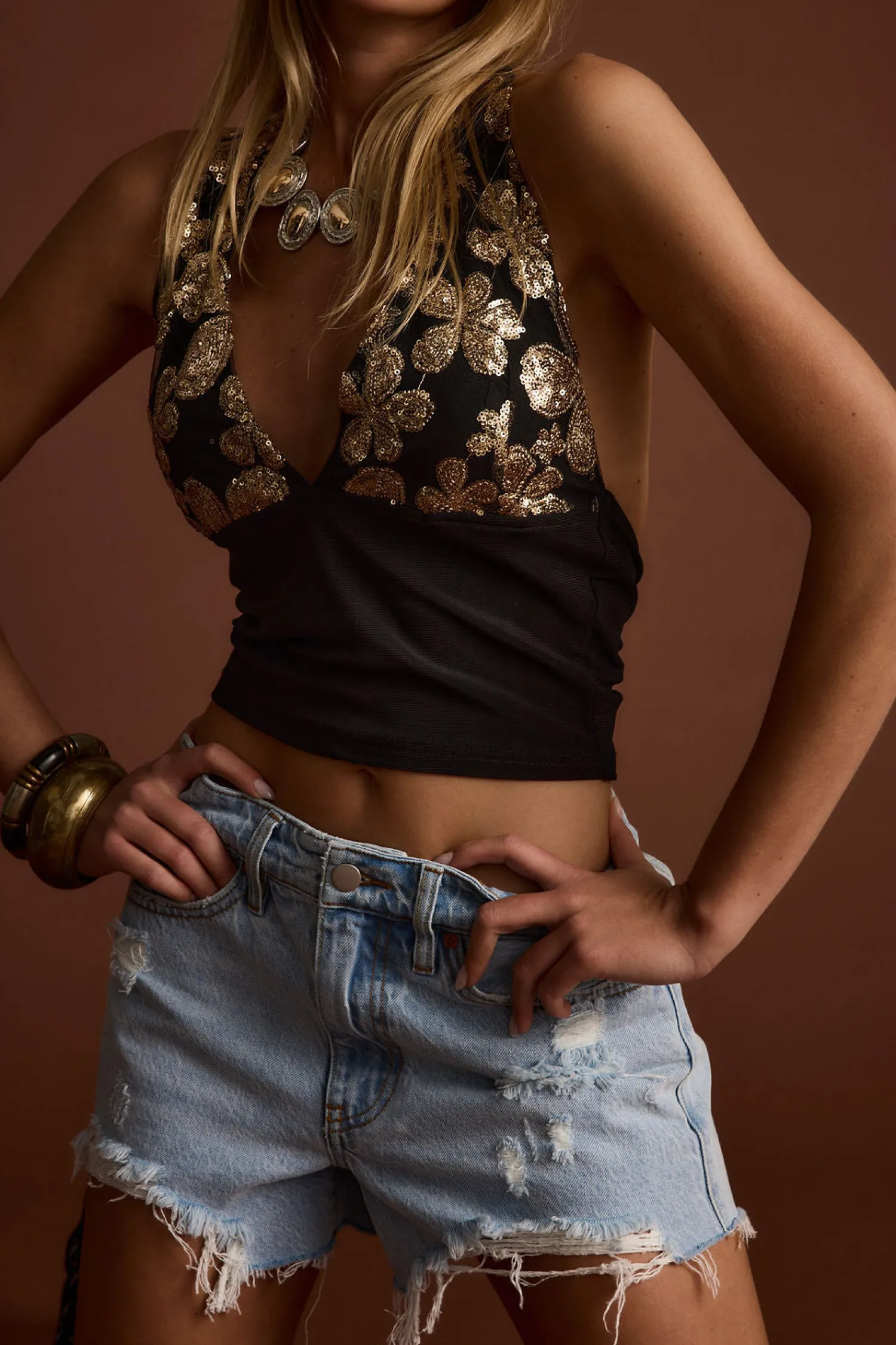 Outlet Solstice Gold Floral Embellished Mesh Crop Top Date Night Tops|Going Out Tops
