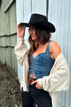 Sale Spears Denim Bustier Going Out Tops|Tees + Tanks