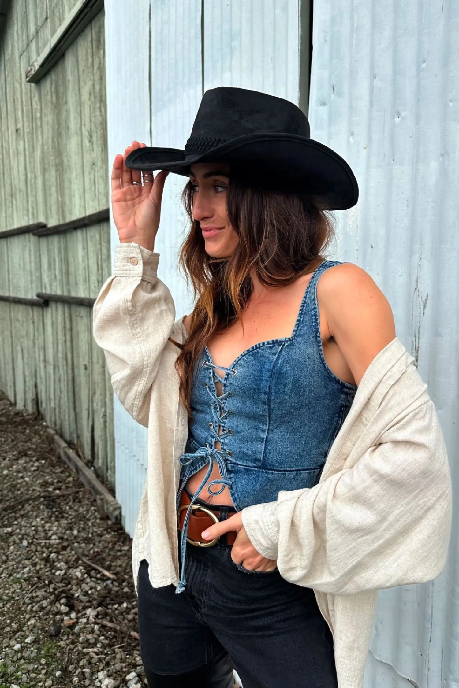 Sale Spears Denim Bustier Going Out Tops|Tees + Tanks
