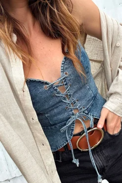 Sale Spears Denim Bustier Going Out Tops|Tees + Tanks