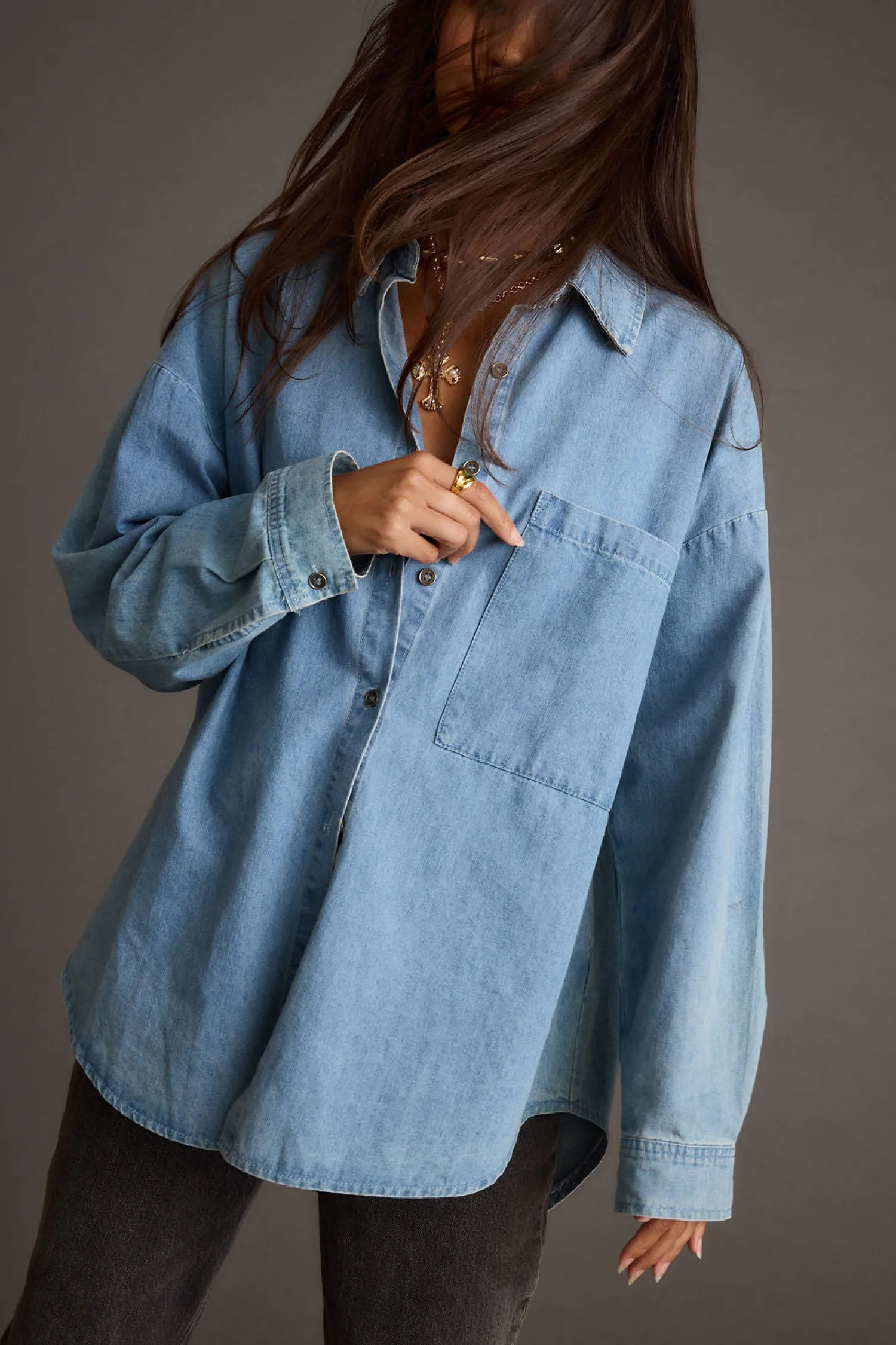 Best Springsteen Chambray Oversized Button Down Shirt Long Sleeves|Denim + Diamonds Bachelorette