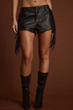 Fashion Steele Black Vegan Leather Fringe Shorts Shorts|Festival Bottoms