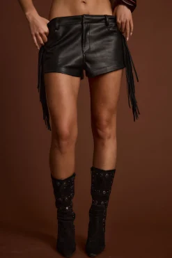 Fashion Steele Black Vegan Leather Fringe Shorts Shorts|Festival Bottoms