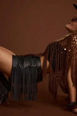 Fashion Steele Black Vegan Leather Fringe Shorts Shorts|Festival Bottoms