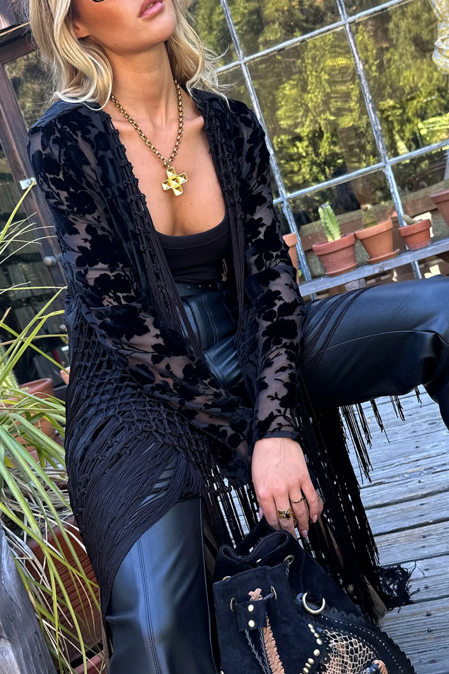 Outlet Stone Black Velvet Burnout Kimono Long Sleeves|Festival Tops