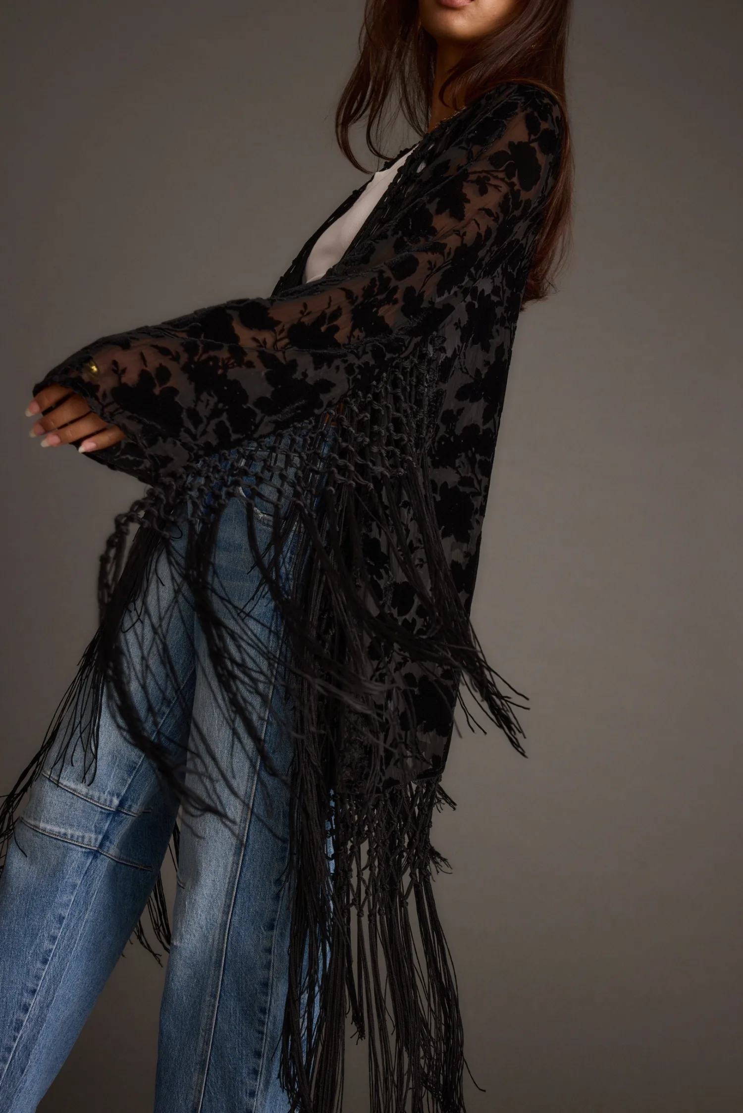 Outlet Stone Black Velvet Burnout Kimono Long Sleeves|Festival Tops