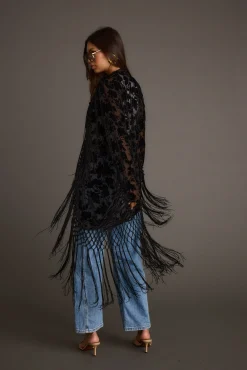 Outlet Stone Black Velvet Burnout Kimono Long Sleeves|Festival Tops