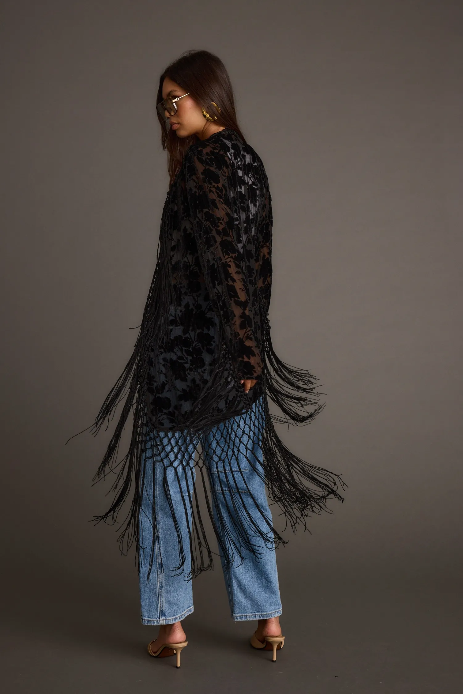 Outlet Stone Black Velvet Burnout Kimono Long Sleeves|Festival Tops