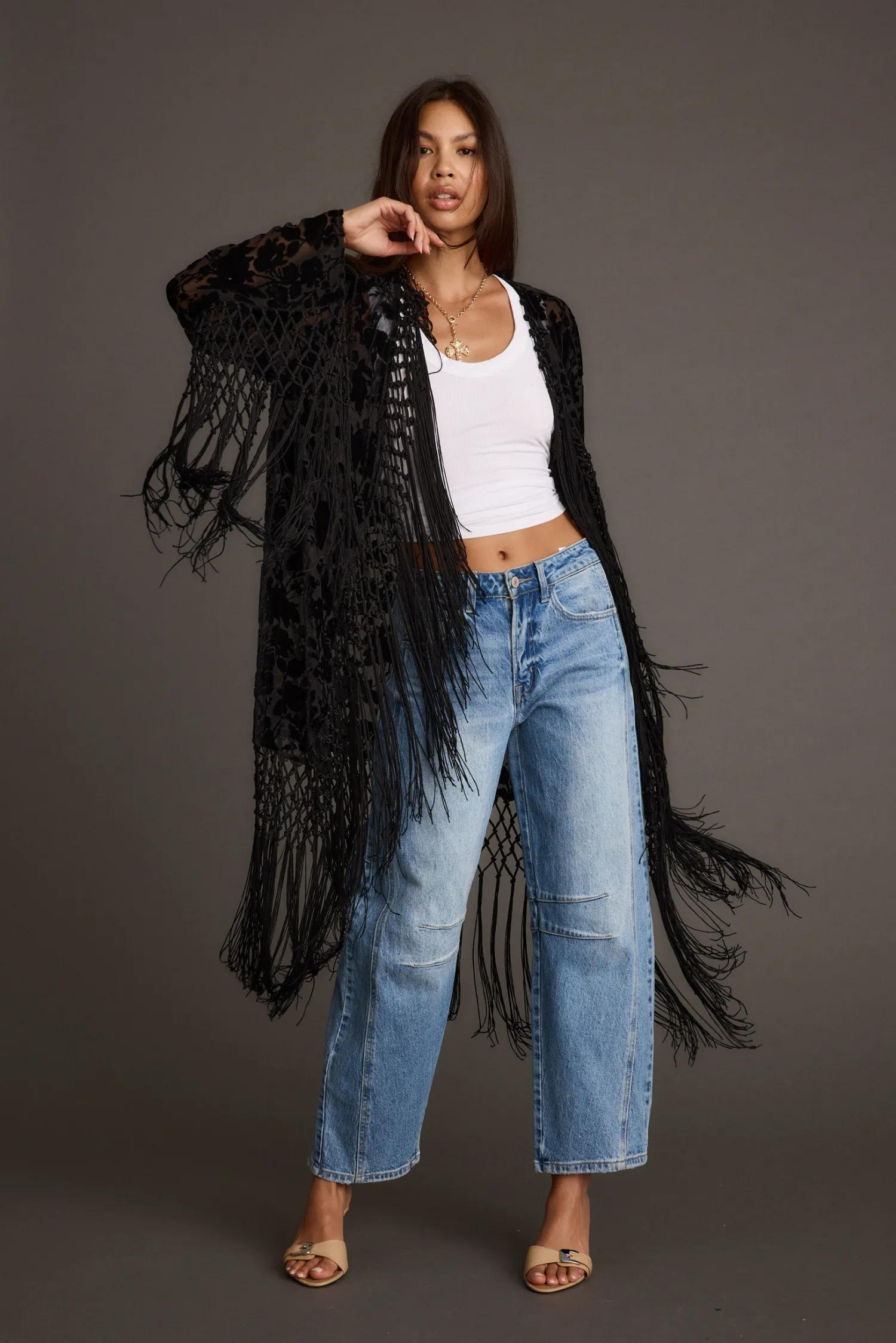 Outlet Stone Black Velvet Burnout Kimono Long Sleeves|Festival Tops