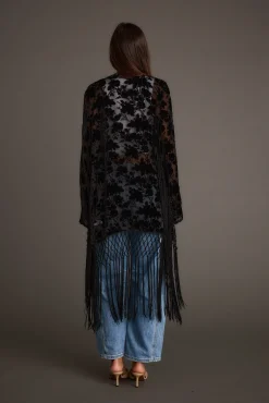 Outlet Stone Black Velvet Burnout Kimono Long Sleeves|Festival Tops