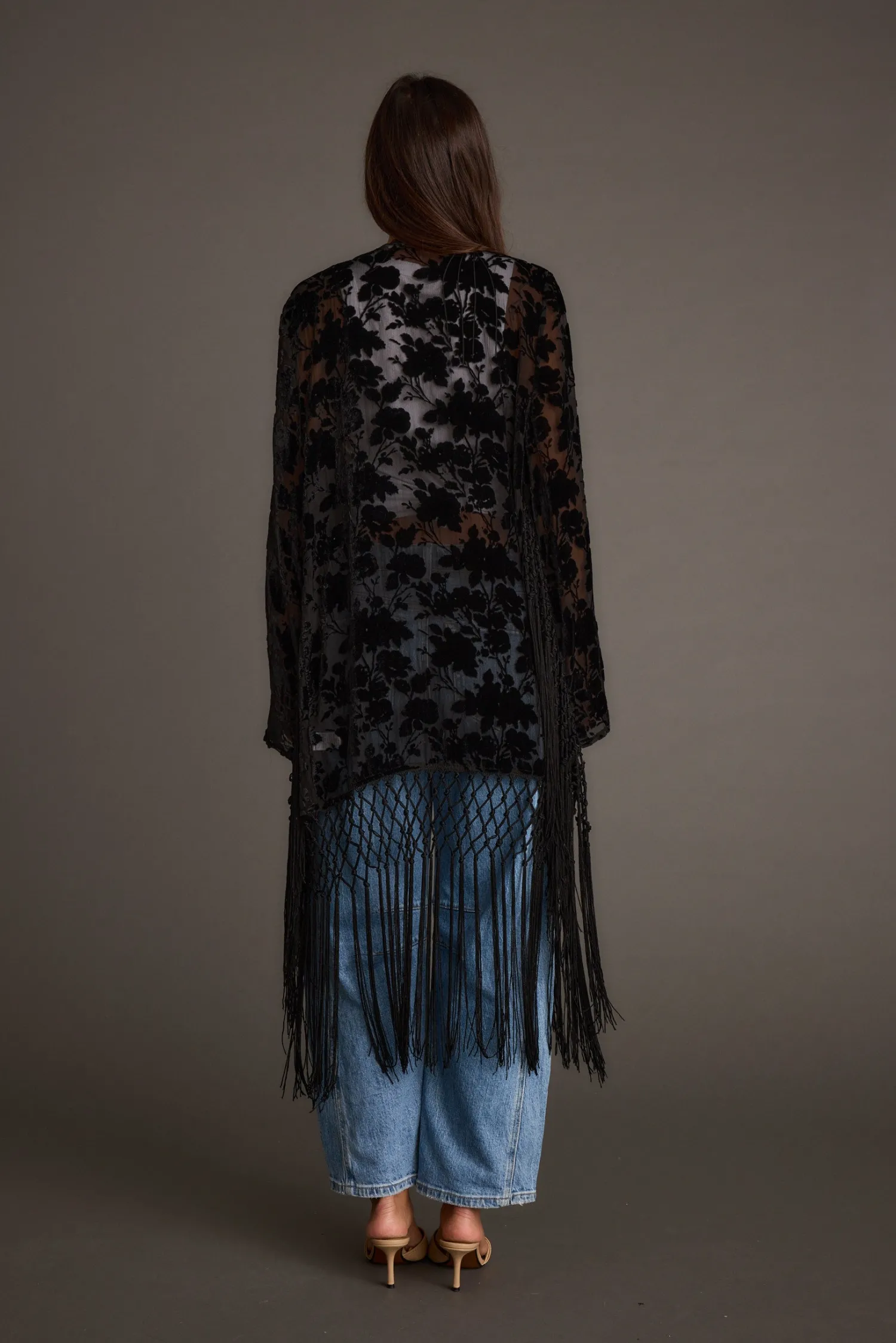 Outlet Stone Black Velvet Burnout Kimono Long Sleeves|Festival Tops