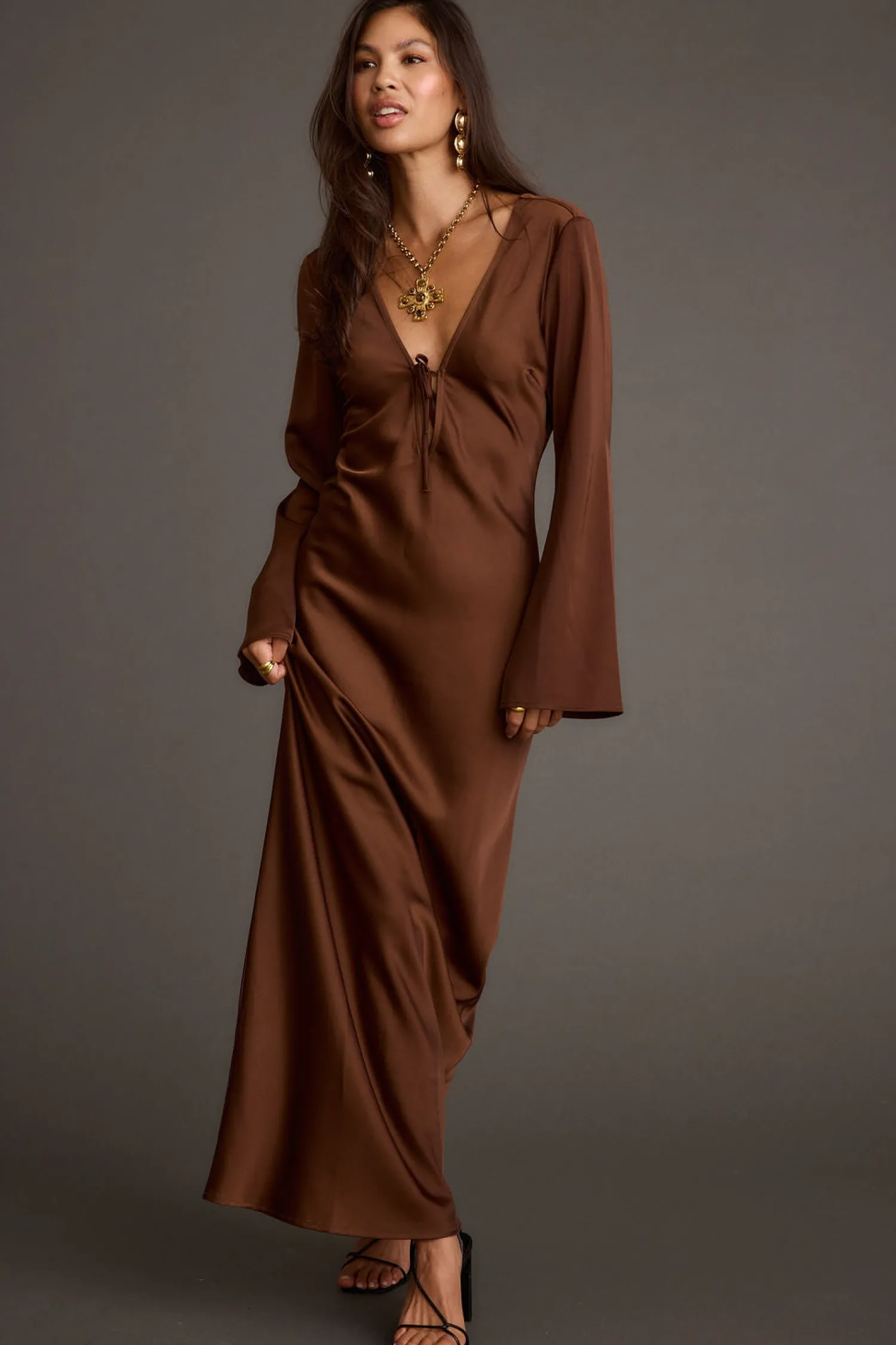 Best Strokes Mocha Long Sleeve Plunge Satin Maxi Dress Wedding Guest Dresses|Maxi Dresses