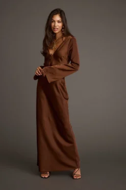 Best Strokes Mocha Long Sleeve Plunge Satin Maxi Dress Wedding Guest Dresses|Maxi Dresses