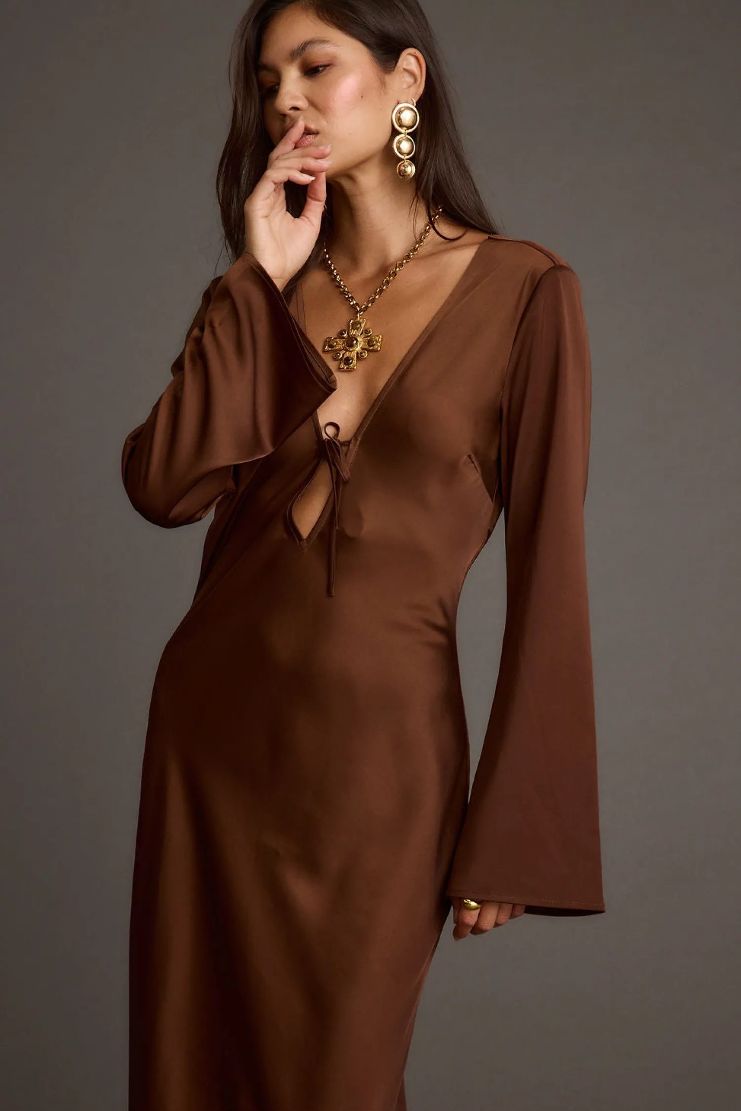 Best Strokes Mocha Long Sleeve Plunge Satin Maxi Dress Wedding Guest Dresses|Maxi Dresses