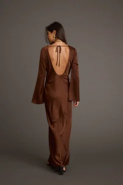 Best Strokes Mocha Long Sleeve Plunge Satin Maxi Dress Wedding Guest Dresses|Maxi Dresses