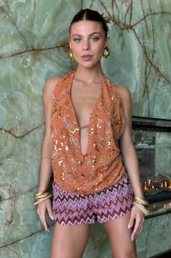 Online Sunset Orange Halter Top Date Night Tops|Going Out Tops