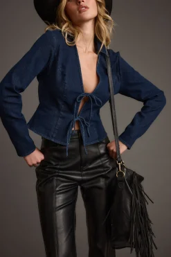 New Taylor Open Tie Front Denim Top Date Night Tops|Long Sleeves