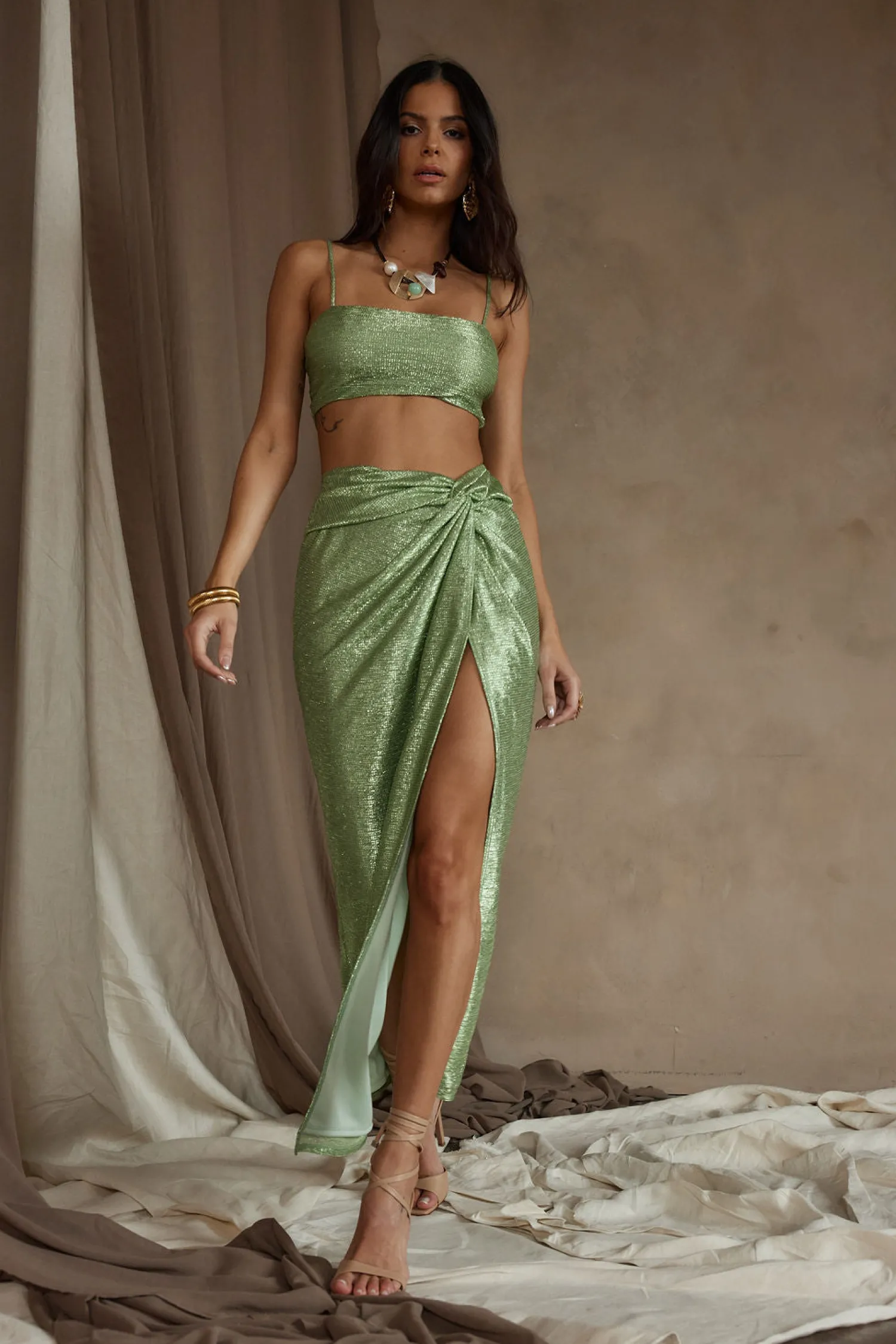Hot Toulouse Metallic Sage Maxi Skirt Skirts|Sets