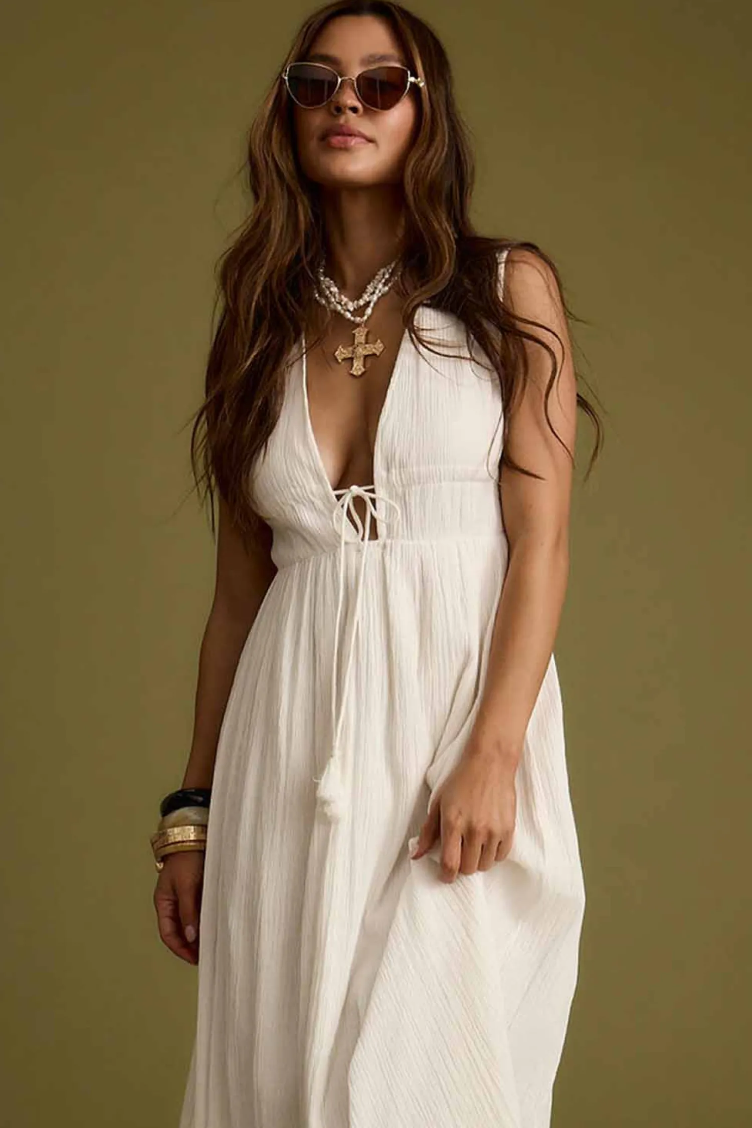 Clearance Turks Plunge White Gauze Maxi Dress The White Edit|Golden Hour Bachelorette