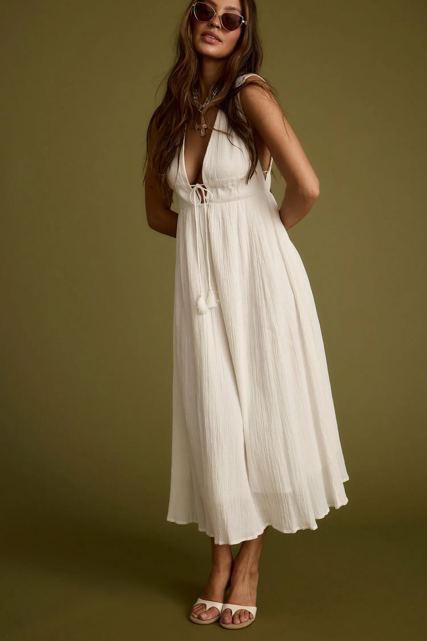 Clearance Turks Plunge White Gauze Maxi Dress The White Edit|Golden Hour Bachelorette