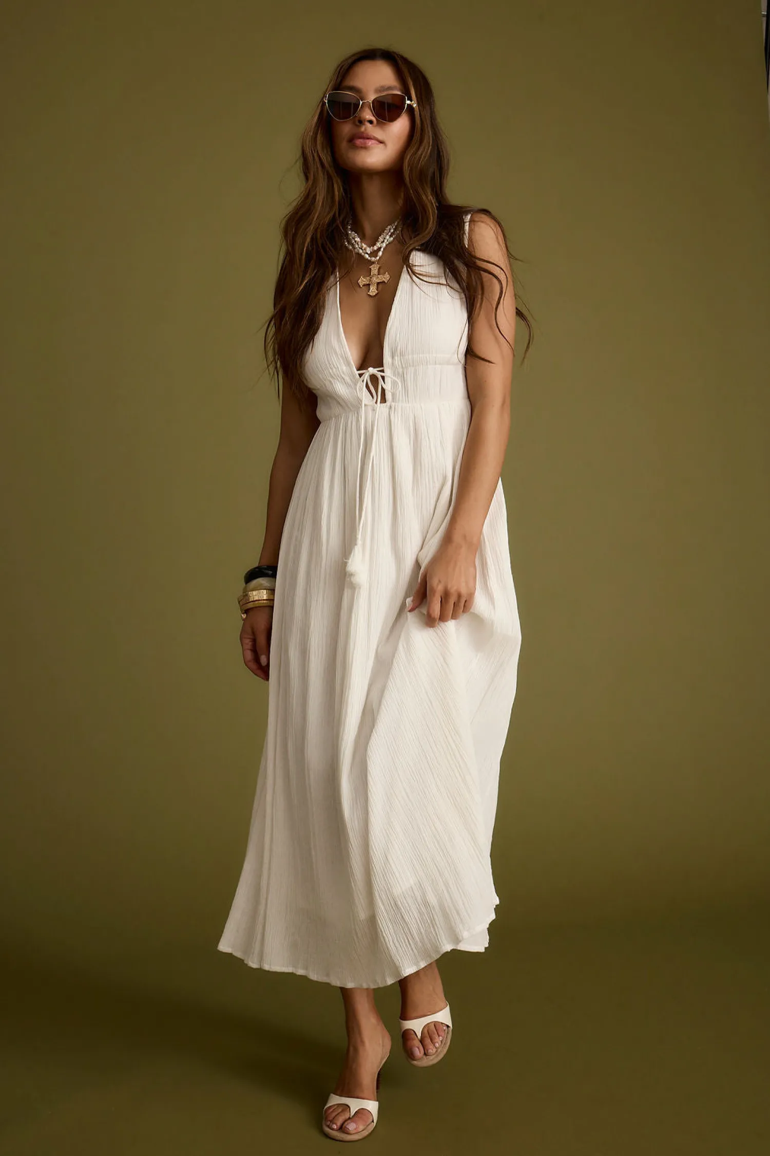 Clearance Turks Plunge White Gauze Maxi Dress The White Edit|Golden Hour Bachelorette