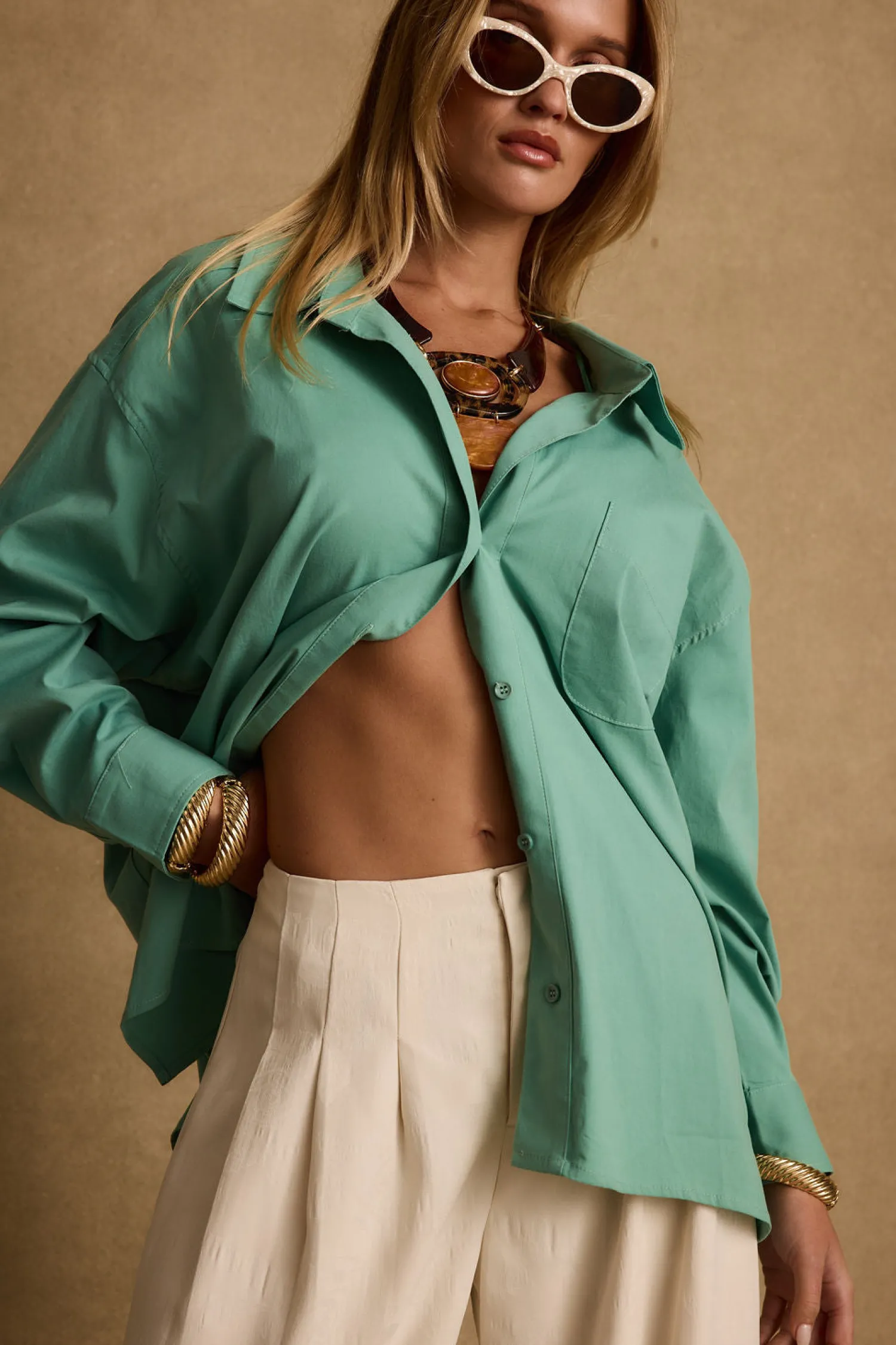 Best Vacanza Mint Button Up Top Long Sleeves|Vacation Tops