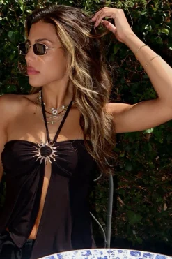 Hot Vida Black Brooch Top Date Night Tops|Going Out Tops