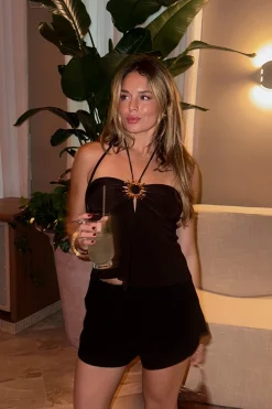 Hot Vida Black Brooch Top Date Night Tops|Going Out Tops