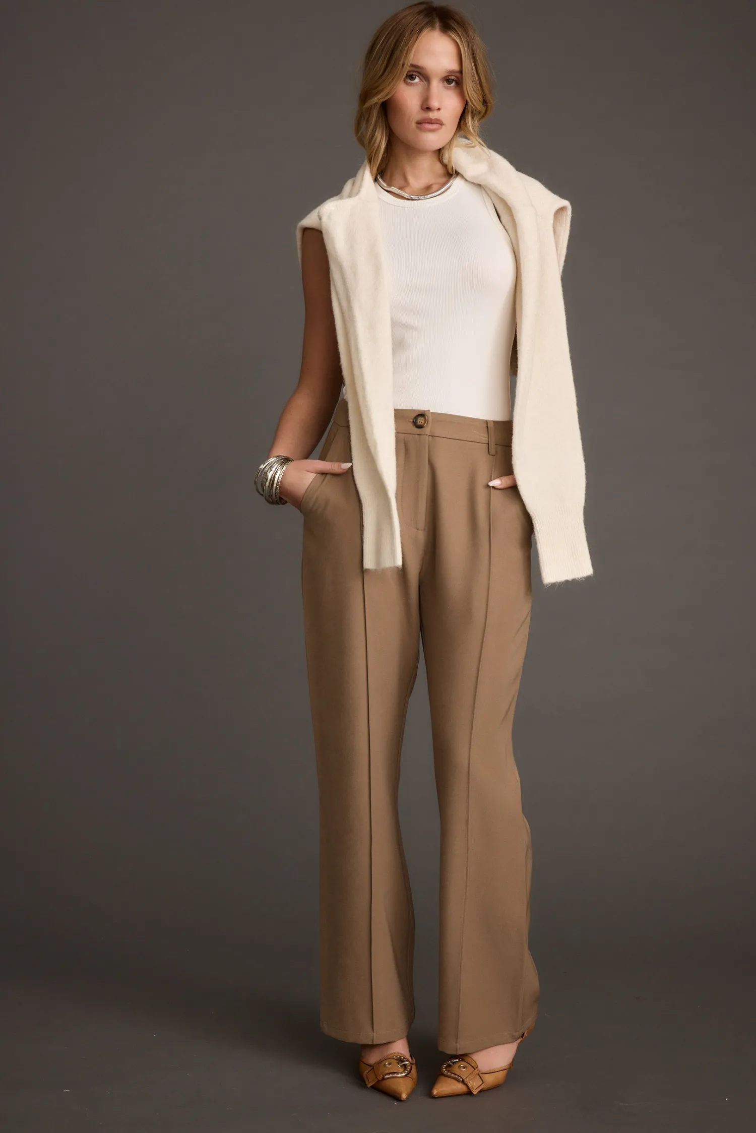 Best Virginia Taupe Seamed Slim Leg Trousers Work Wear Bottoms|Pants