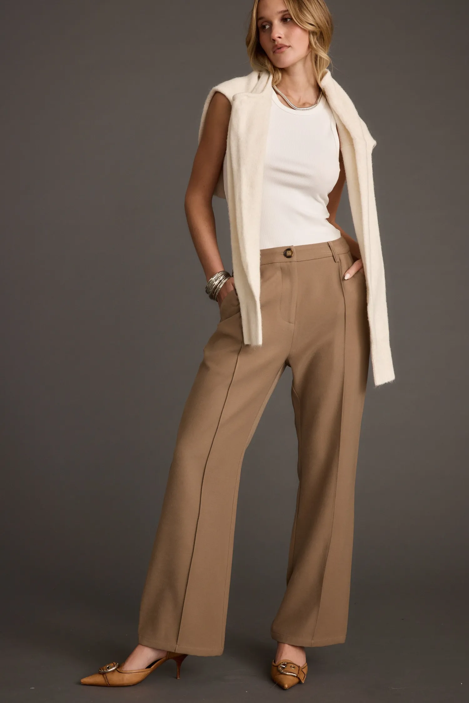 Best Virginia Taupe Seamed Slim Leg Trousers Work Wear Bottoms|Pants