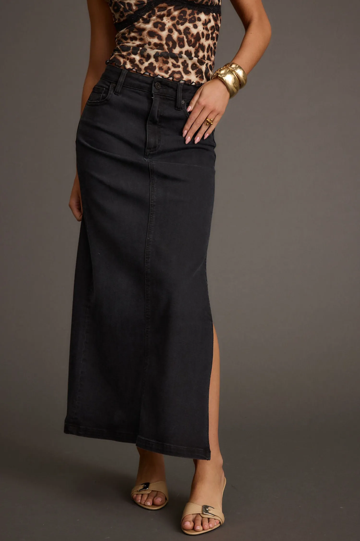 Discount Wilder Black Stretch Denim Maxi Skirt Date Night Bottoms|Skirts