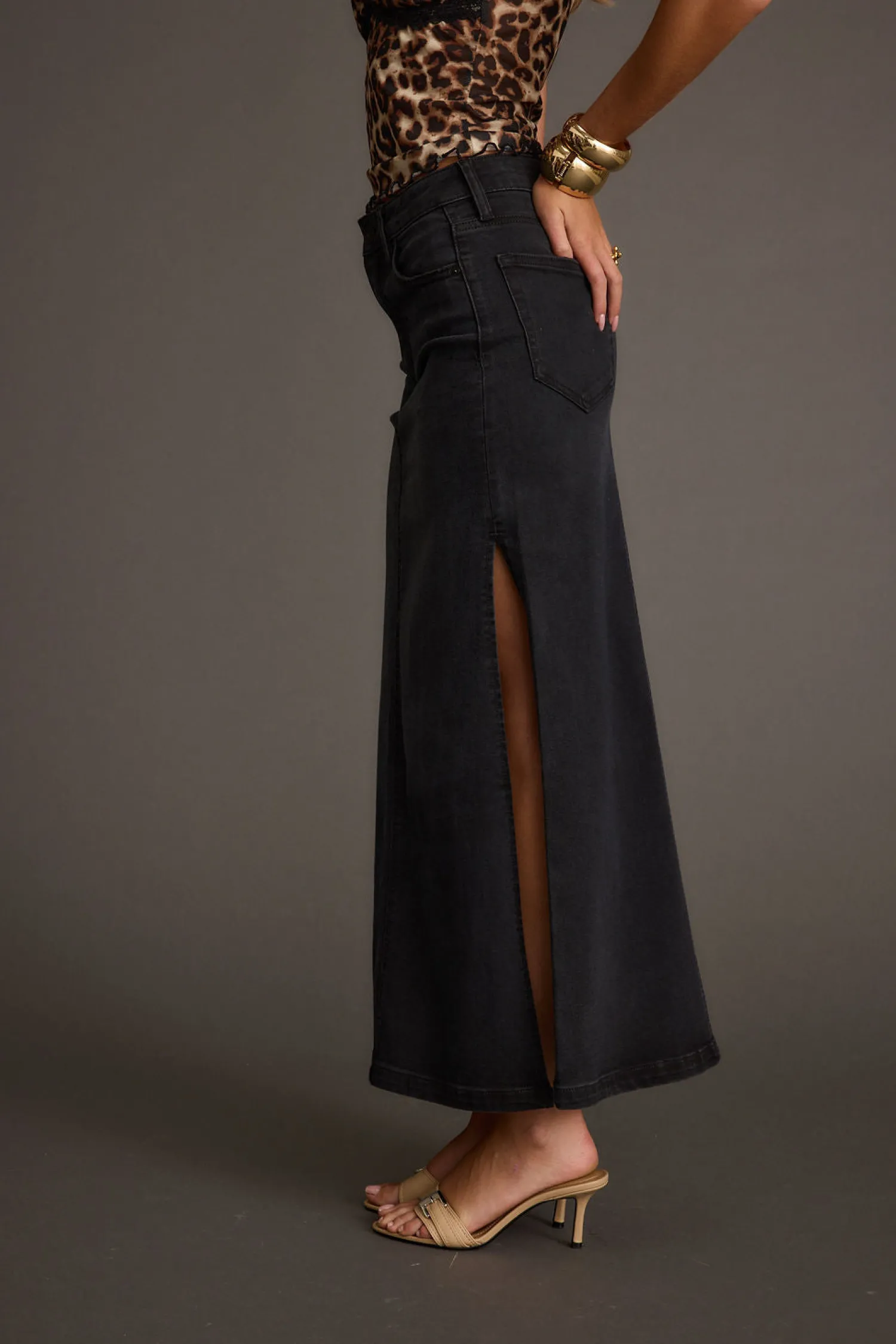 Discount Wilder Black Stretch Denim Maxi Skirt Date Night Bottoms|Skirts